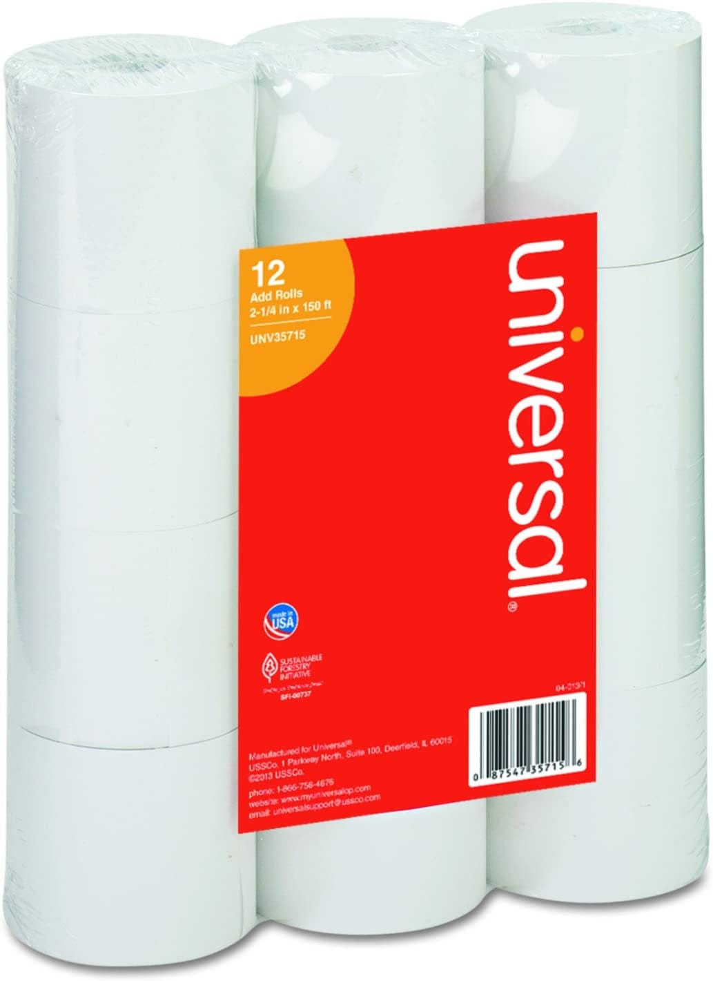 Adding Machine/Calculator Roll, 2-1/4"X150 Ft White 12/Pack, UNV35715